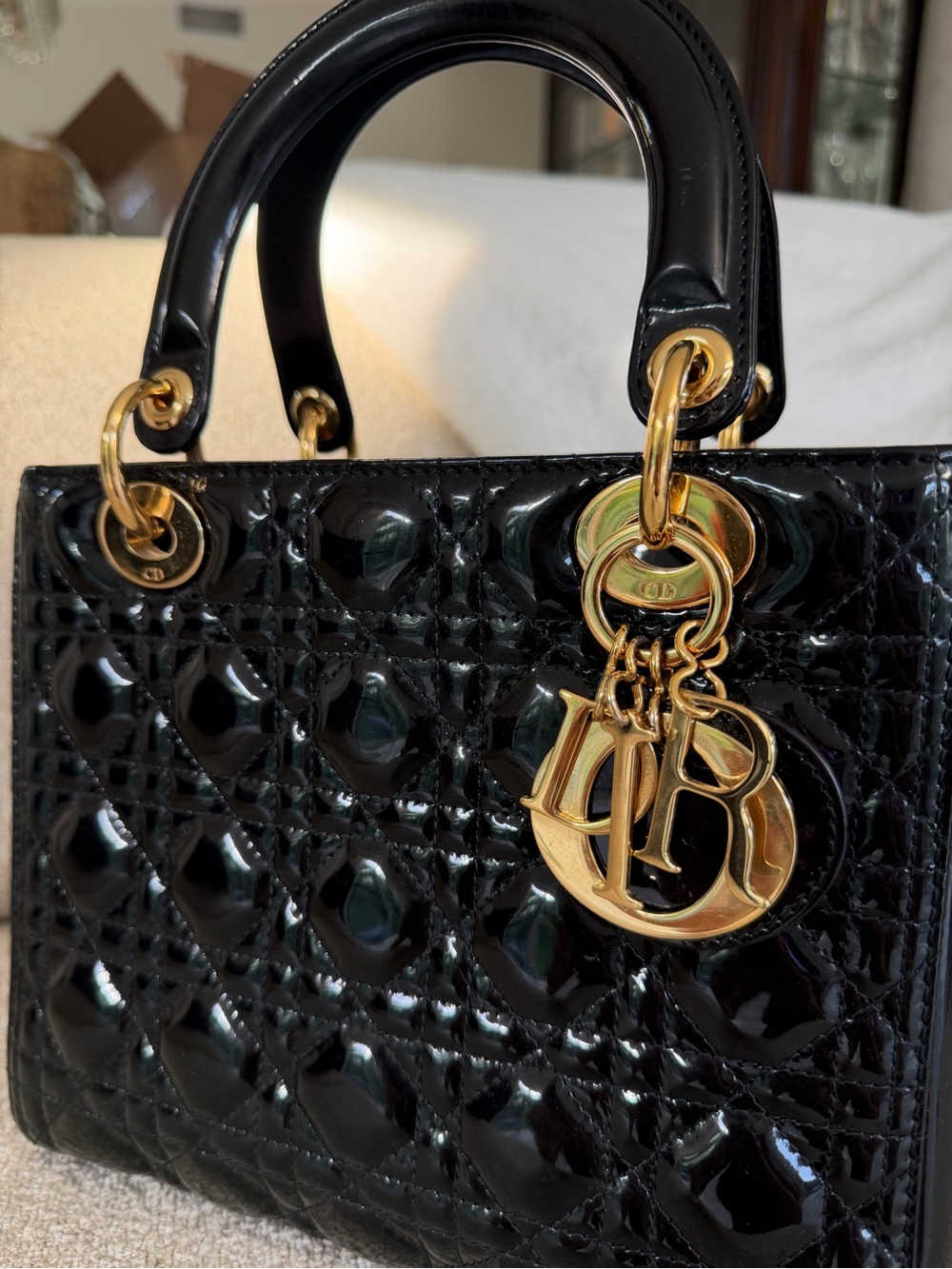 Dior Lady Dior Medium Black Patent Cannage Gold Hardware with Strap - Picture 2 of 13